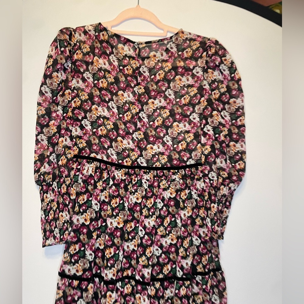 Zara Black and Pink Floral tunic Midi Dress with velvet trim Size M $100+ - Picture 6 of 8